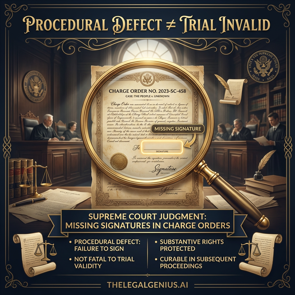 The Supreme Court of India clarifies that a missing signature on a charge order is a curable procedural defect and does not invalidate a trial if no prejudice is caused to the accused. The focus remains on substantive justice over technical lapses.