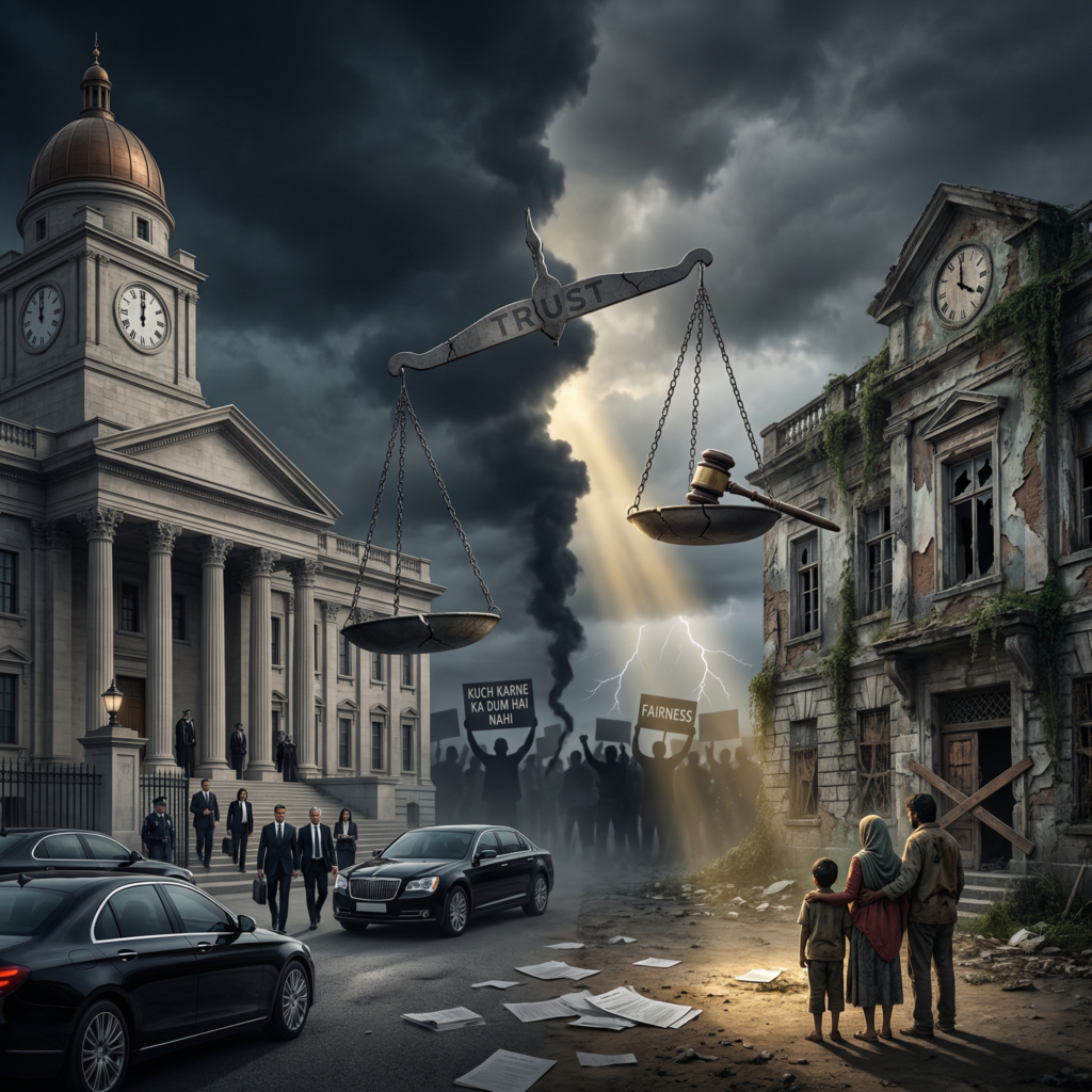 Corruption in India’s justice system showing imbalance of justice, public protest, and trust issues between powerful institutions and common citizens